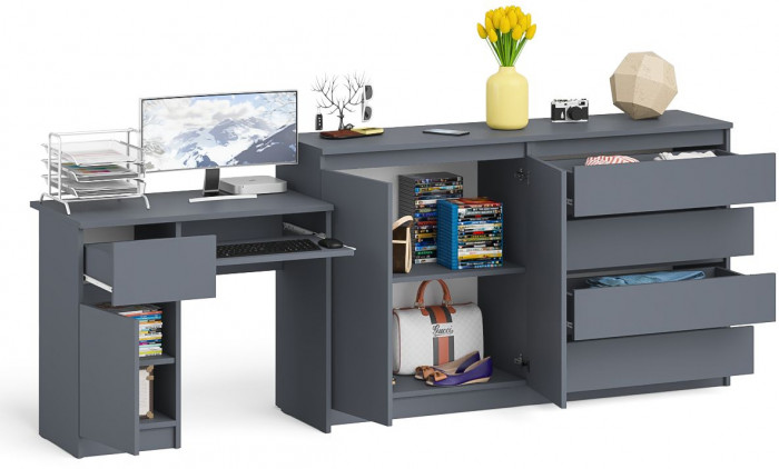 Мори компьютерный стол МС-1 левый + Комод МК1600.1, графит