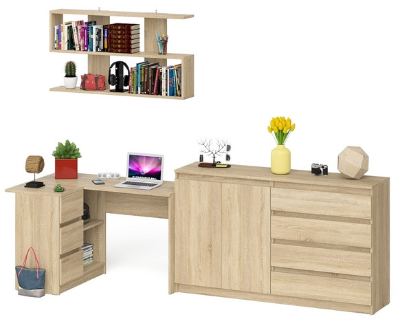 Мори компьютерный стол МС-16 левый + Комод МК1600.1 + Полка 1200, дуб сонома