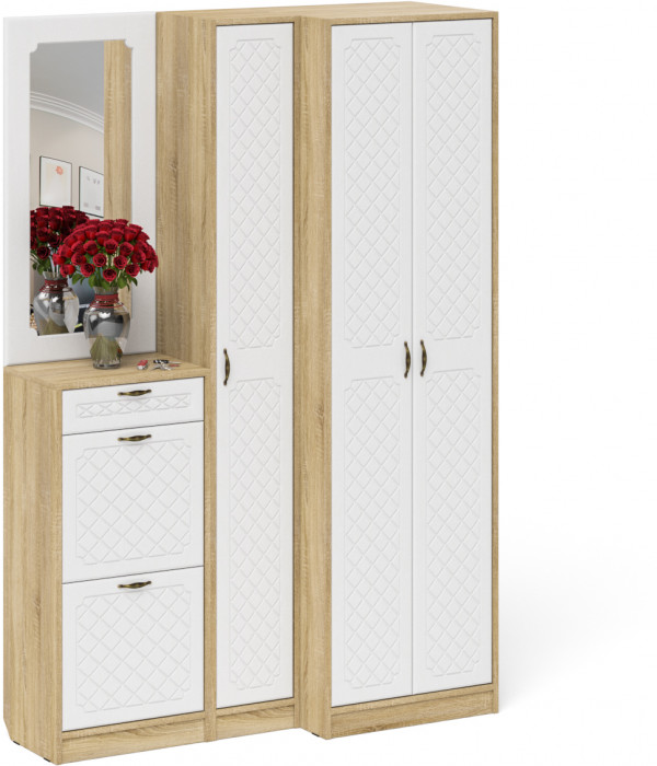 Прихожая П-6 Компоновка № 29, цвет дуб сонома/фасады МДФ белое дерево фрезеровка ромб, ШхГхВ 140х50х210 см., универсальная сборка