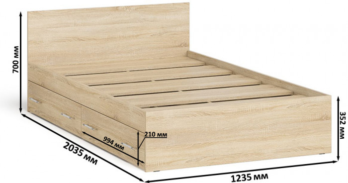 Мори Кровать с ящиками 1200, дуб сонома