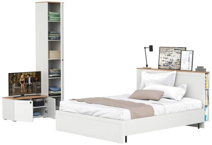 Остин 11.53 Кровать + ортопед + 13.227 Шкаф-пенал + 13.257 Тумба, белый шагрень/дуб крафт золотой