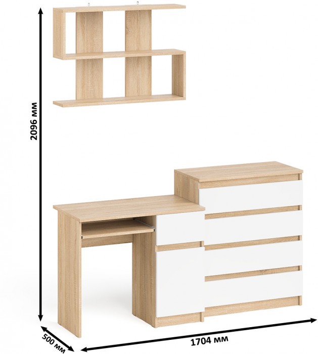 Мори Стол компьютерный МС-1 правый + Комод МК800.4 + Полка 900, цвет дуб сонома/белый, ШхГхВ 170,4х50х209,6 см., НЕ универсальная сборка