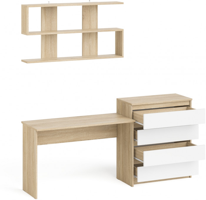 Мори письменный стол МСП1200.1 + Комод МК800.4 + Полка 1200, дуб сонома/белый