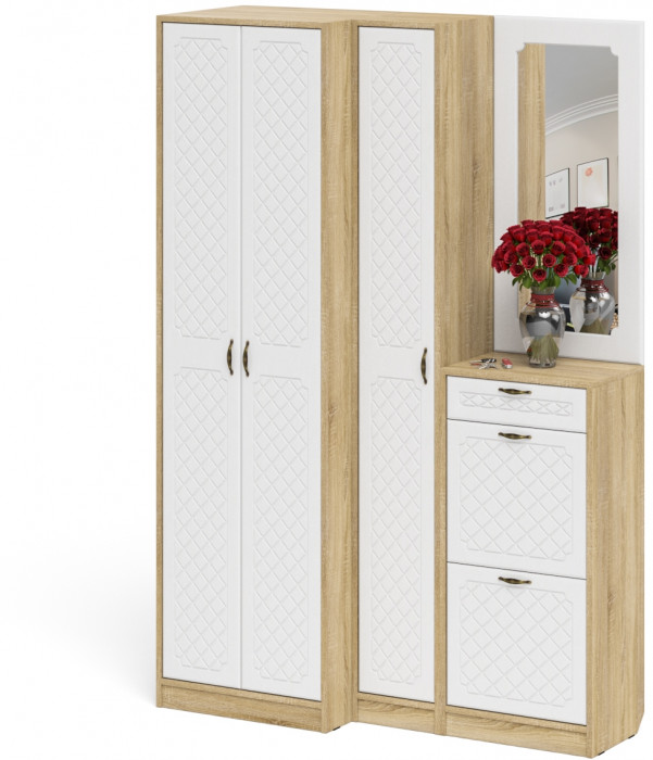 Прихожая П-6 Компоновка № 29, дуб сонома/фасады МДФ белое дерево фрезеровка ромб