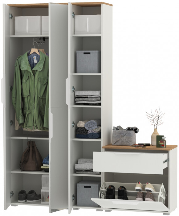 Октава Прихожая 21, цвет белый шагрень/дуб крафт золотой/фасады МДФ белый шагрень, ШхГхВ 161,5х35,4х197,6 см., универсальная сборка