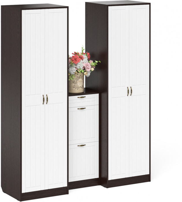 Прихожая П-6 Компоновка № 13, цвет венге/фасады МДФ белое дерево фрезеровка прованс, ШхГхВ 170х50х210 см., универсальная сборка