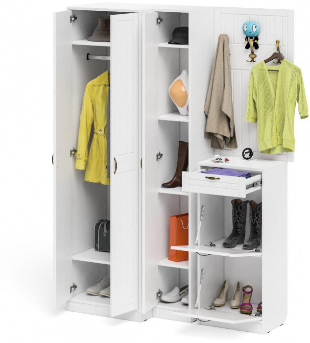 Прихожая П-6 Компоновка № 30, цвет белая шагрень/фасады МДФ белое дерево фрезеровка прованс, ШхГхВ 150х50х210 см., универсальная сборка