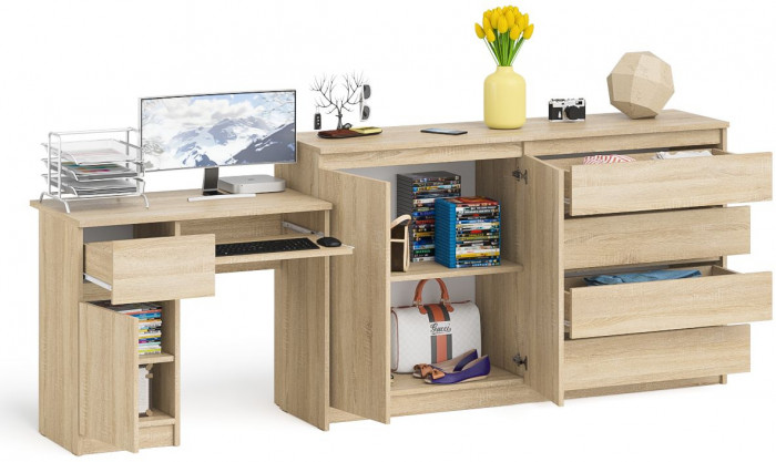 Мори компьютерный стол МС-1 левый + Комод МК1600.1, дуб сонома