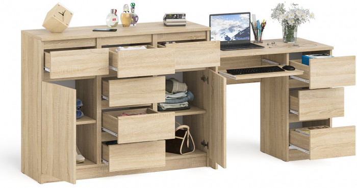Мори компьютерный стол МС-6 правый + Комод МК1200.4, дуб сонома