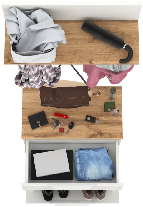 Октава 16.127 Тумба для обуви + 15.14.01 Вешалка + 15.14.02, белый шагрень/дуб крафт золотой/фасады МДФ белый шагрень