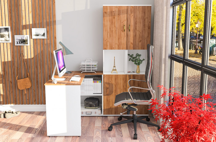 Лидер-8 Стол + Пенал + Пенал, цвет белый шагрень/крафт золото, ШхГхВ 245х50/30х75/190 см. или 115х50/160х75/190 см., НЕ универсальная сборка