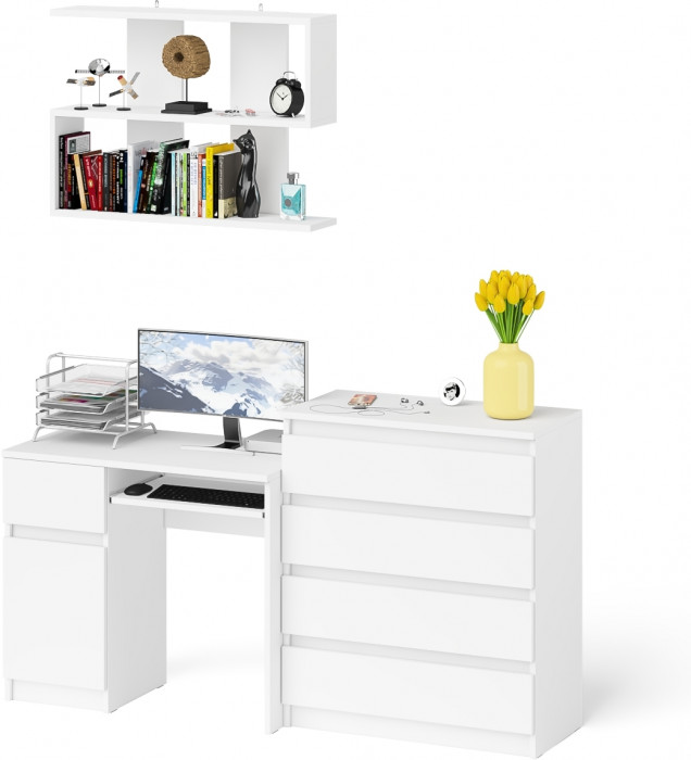 Мори Стол компьютерный МС-1 левый + Комод МК800.4 + Полка 900, цвет белый, ШхГхВ 170,4х50х209,6 см., НЕ универсальная сборка