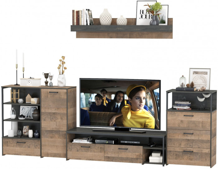 Трувор Гостиная 012, цвет дуб гранж песочный/интра, ШхГхВ 324,8х45,4х195 см., универсальная сборка