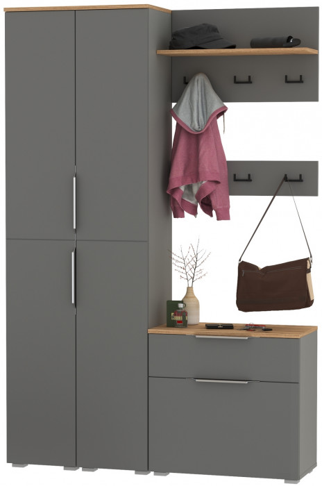 Октава Прихожая 20, цвет серый графит/дуб крафт золотой/фасады МДФ серый графит, ШхГхВ 129,3х35,4х197,6 см., универсальная сборка