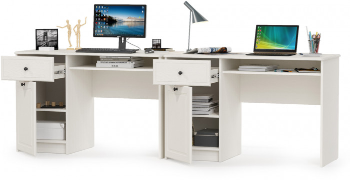 Роуз 12.148 письменный стол +12.148письменный стол, ЛДСП белый(тиснение Поры дерева)/МДФясень ваниль