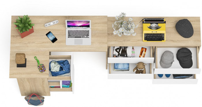 Мори компьютерный стол МС-16 левый + Комод МК1200.6, дуб сонома/белый