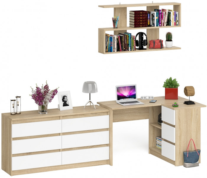 Мори компьютерный стол МС-16 правый + Комод МК1380.6 + Полка 1200, дуб сонома/белый