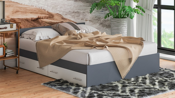 Мори Кровать с ящиками 1600, цвет графит/белый, ШхГхВ 163,5х203,5х70 см., сп.м. 1600х2000 мм., без матраса, основание есть