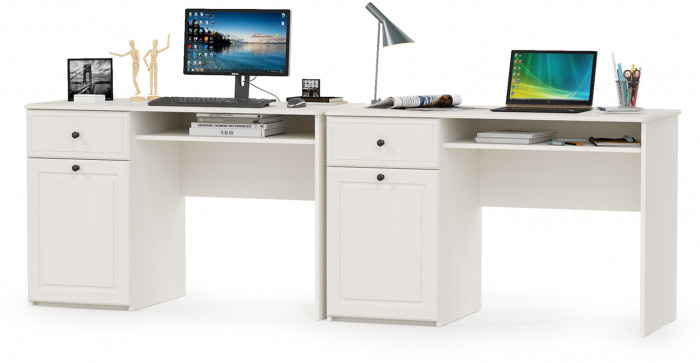 Роуз 12.148 письменный стол +12.148письменный стол, ЛДСП белый(тиснение Поры дерева)/МДФясень ваниль