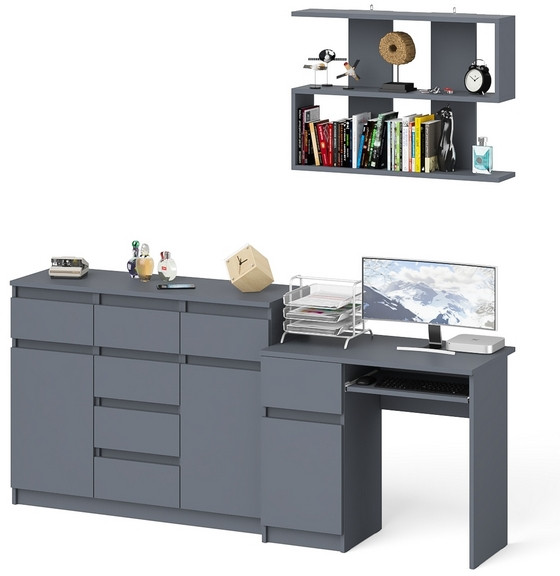 Мори компьютерный стол МС-1 левый + Комод МК1200.4 + Полка 900, графит