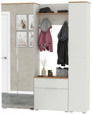 Октава Прихожая 22, цвет белый шагрень/дуб крафт золотой/фасады МДФ белый шагрень, ШхГхВ 161,5х35,4х197,6 см., универсальная сборка