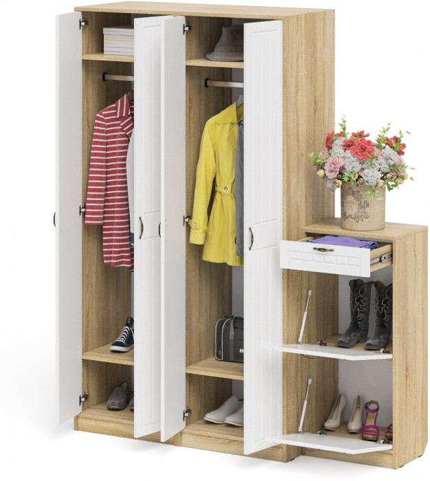 Прихожая П-6 Компоновка № 13, цвет дуб сонома/фасады МДФ белое дерево фрезеровка прованс, ШхГхВ 170х50х210 см., универсальная сборка