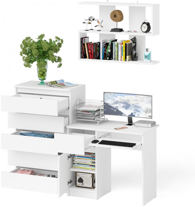 Мори компьютерный стол МС-1 левый + Комод МК700.5 + Полка 900, белый