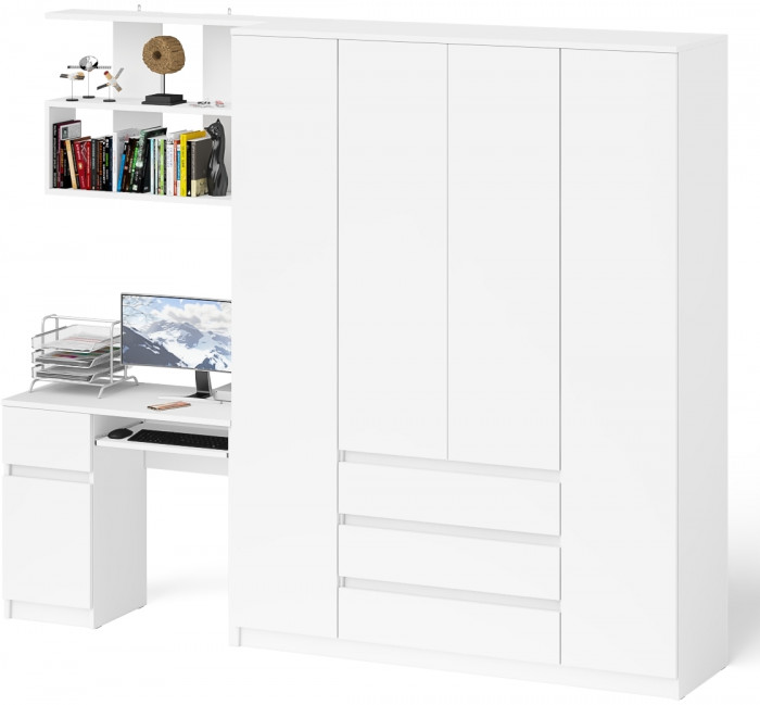 Мори компьютерный стол МС-1 левый + Шкаф МШ1600.1 + Полка 900, белый