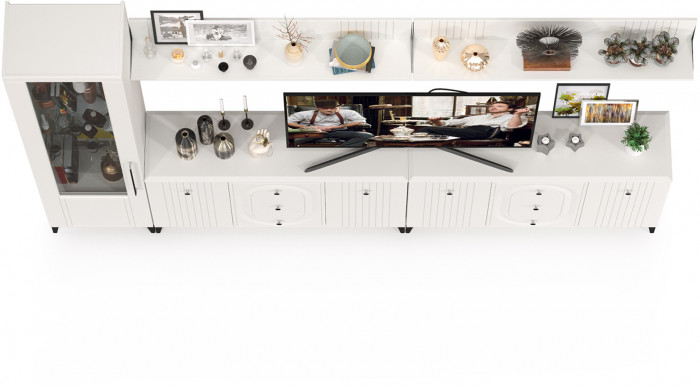 Валенсия Гостиная № 118, цвет ЛДСП белый шагрень/МДФ белый шагрень, ШхГхВ 321,3х38,4х225,2 см., универсальная сборка