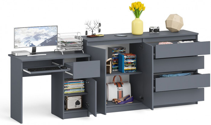 Мори компьютерный стол МС-1 правый + Комод МК1600.1, графит