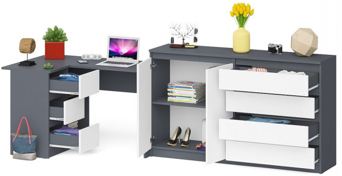 Мори компьютерный стол МС-16 левый + Комод МК1600.1, графит/белый