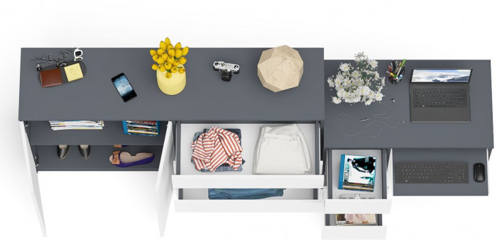 Мори компьютерный стол МС-6 левый + Комод МК1600.1, графит/белый