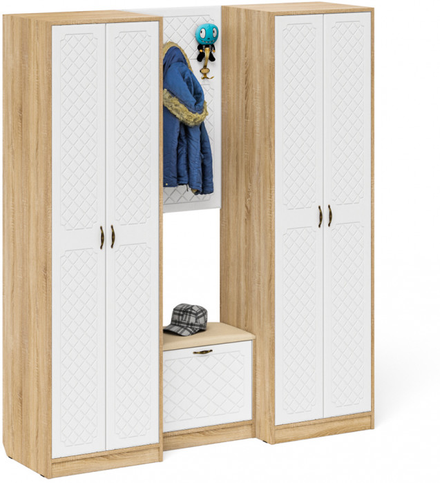 Прихожая П-6 Компоновка № 09, дуб сонома/фасады МДФ белое дерево фрезеровка ромб