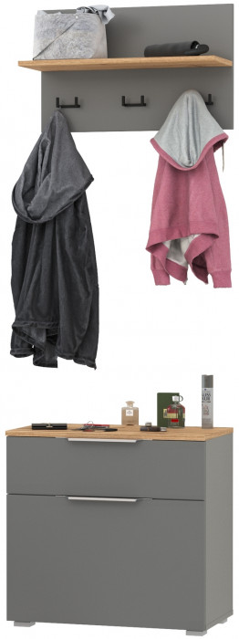 Октава 16.127 Тумба для обуви + 15.14.01 Вешалка, серый графит/дуб крафт золотой/фасады МДФ серый графит