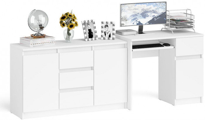 Мори Стол компьютерный МС-1 правый + Комод МК1200.3, цвет белый, ШхГхВ 210,4х50х76,6 см., выдвижной ящик справа, НЕ универсальная сборка