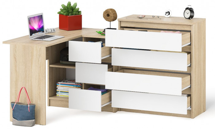 Мори компьютерный стол МС-16 правый + Комод МК800.4, дуб сонома/белый