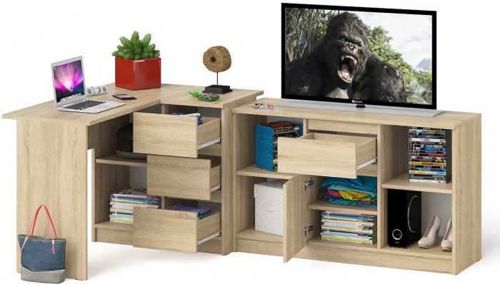 Мори Стол компьютерный МС-16 правый + Тумба МТВ1204.1, цвет дуб сонома, ШхГхВ 244,8х84,9х76,6 см., выдвижные ящики справа, НЕ универсальная сборка