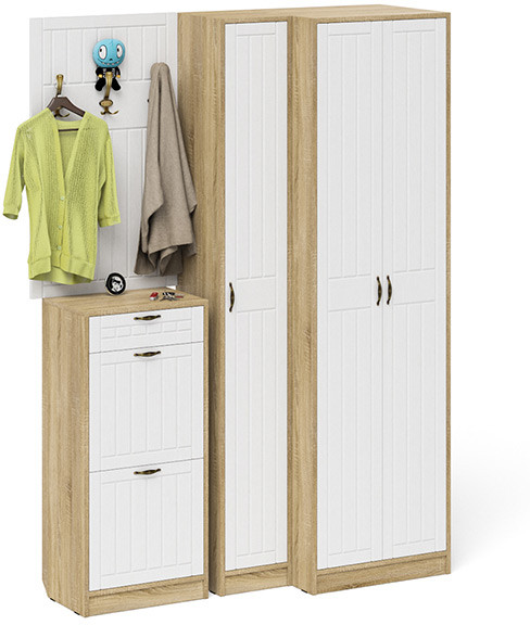 Прихожая П-6 Компоновка № 30, дуб сонома/фасады МДФ белое дерево фрезеровка прованс