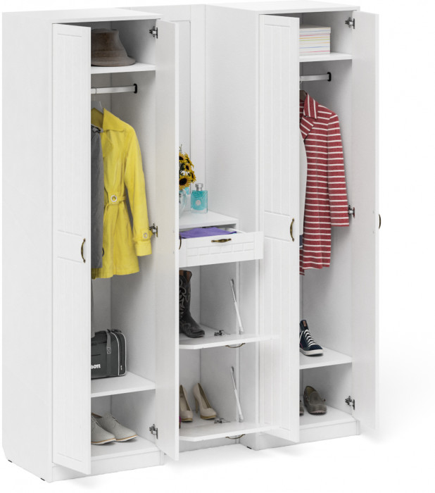 Прихожая П-6 Компоновка № 14, цвет белая шагрень/фасады МДФ белое дерево фрезеровка прованс, ШхГхВ 170х50х210 см., универсальная сборка