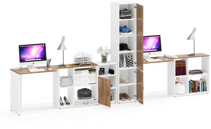 Лидер-8 Стол + Стол + Пенал МД 22Б + Тумба МД 3.19, белый шагрень/крафт золото