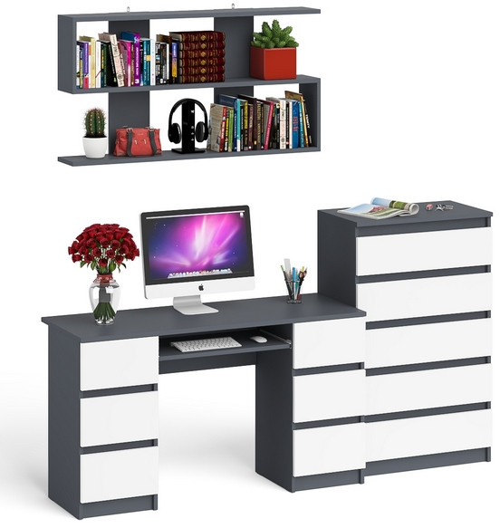 Мори компьютерный стол МС-2 + Комод МК700.5 + Полка 1200, графит/белый
