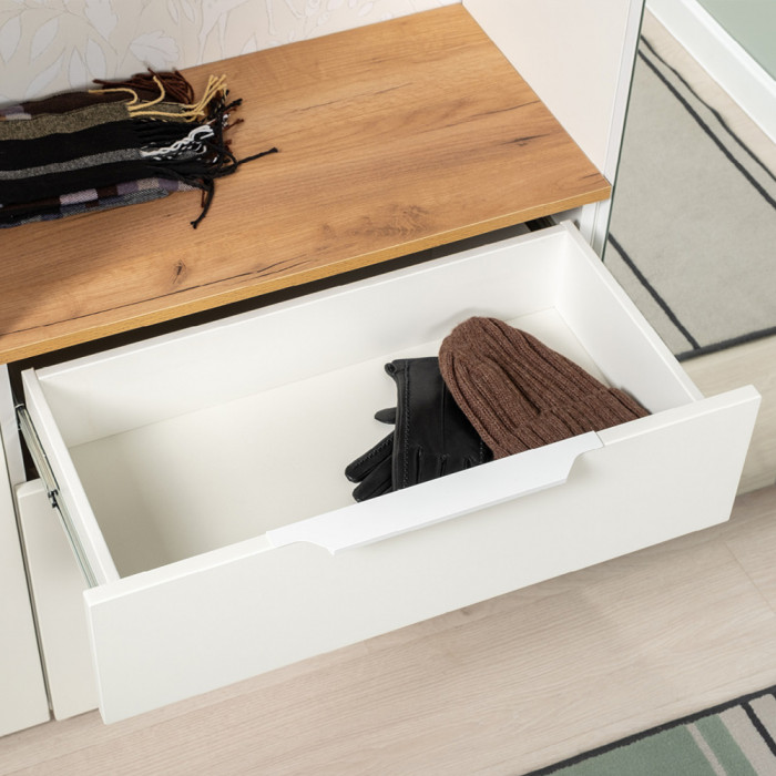 Октава 16.127 Тумба для обуви + 15.14.02 Вешалка, белый шагрень/дуб крафт золотой/фасады МДФ белый шагрень