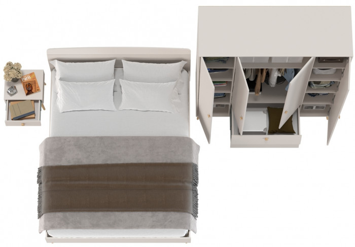 Афина Спальня Кровать 1600 + Шкаф 4-х дверный + Тумба, цвет кашемир серый, 164,6х210,2х95,6 + 160х56,3х220 + 45х37х45 см., 1600х2000, б/м, осн. есть