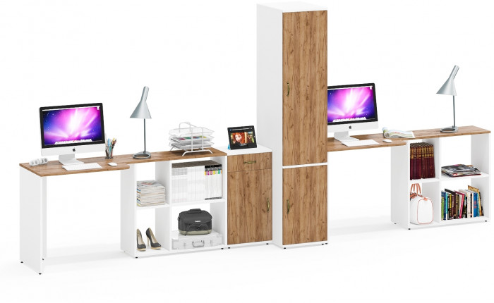 Лидер-8 Стол + Стол + Пенал МД 23Б + Тумба МД 3.15, цвет белый шагрень/крафт золото, ШхГхВ 410х50х75/190 или 230х160/50х75/190 см., НЕ ун. сб.