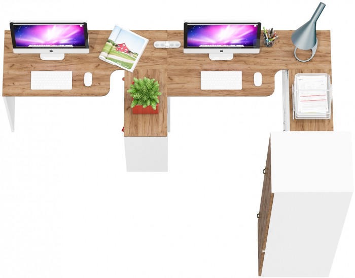 Лидер-8 Стол + Стол + Пенал МД 23Б + Тумба МД 3.15, цвет белый шагрень/крафт золото, ШхГхВ 410х50х75/190 или 230х160/50х75/190 см., НЕ ун. сб.