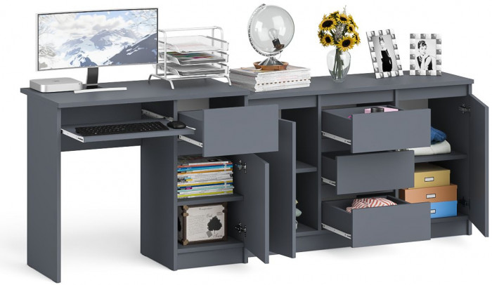 Мори Стол компьютерный МС-1 правый + Комод МК1200.3, цвет графит, ШхГхВ 210,4х50х76,6 см., выдвижной ящик справа, НЕ универсальная сборка