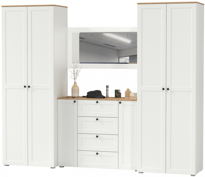 Остин Прихожая 26, цвет белый шагрень/дуб крафт золотой, ШхГхВ 280х54,3х229,6 см., универсальная сборка