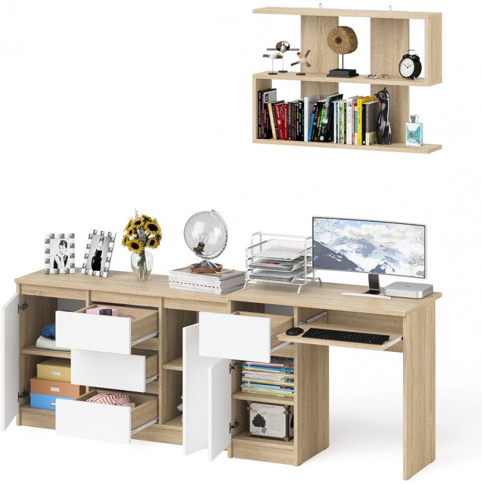 Мори Стол компьютерный МС-1 левый + Комод МК1200.3 + Полка 900, цвет дуб сонома/белый, ШхГхВ 210,4х50х209,6 см., НЕ универсальная сборка