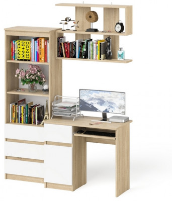 Мори Стол компьютерный МС-1 левый + Стеллаж МСТ600.3 + Полка 900, цвет дуб сонома/белый, ШхГхВ 150,4х50х209,6 см., НЕ универсальная сборка