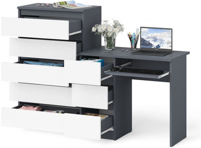 Мори компьютерный стол МС-6 левый + Комод МК700.5, графит/белый